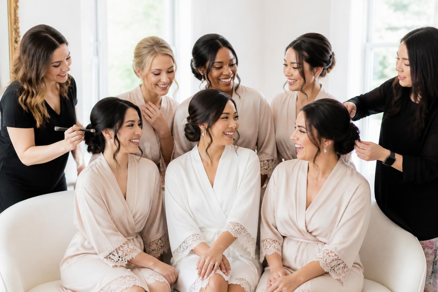 A bride and her bridesmaids having their hair and makeup done